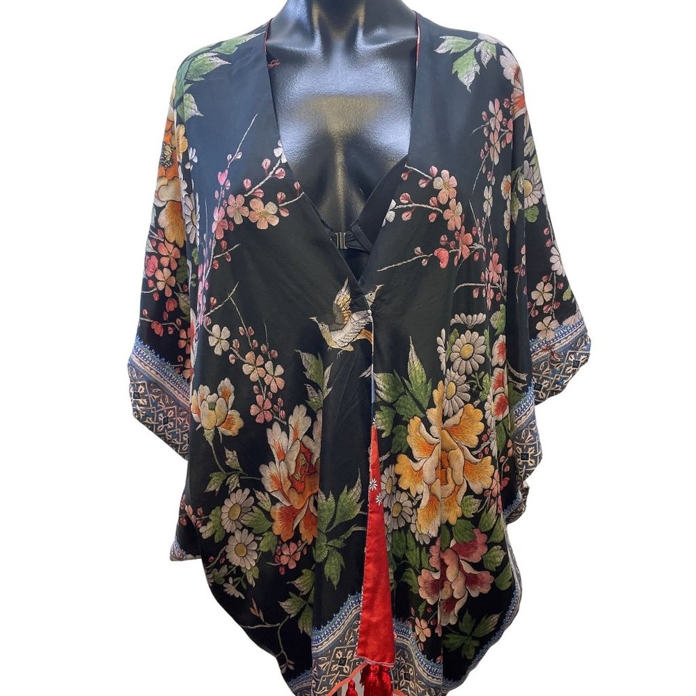 *Johnny Was Black & Multicolored Cardigan Floral Print Tassel Large